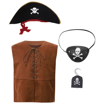 Unisex Kids Pirate Cosplay kostiumų komplektas be rankovių V kaklo suvarstomas priekinis liemuo su skrybėlės užrištomis akimis kablys Helovino pasipuošimui