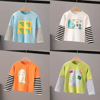 Berniukų marškinėliai ilgomis rankovėmis Vaikiški sulieti netikri dviejų dalių grynos medvilnės apatiniai marškiniai Naujas pavasaris ir ruduo