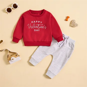 Toddler Boys Valentino dienos rinkiniai Raudoni laiškų ilgomis rankovėmis spausdinimo megztinių ir sutraukiamų kelnių rinkiniai
