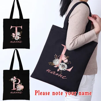 Moterys Drobės pečių krepšys Rožinė gėlių raidė Tinkinti Pavadinimas Rankinė Ladies Casual Tote Krepšys Didelės talpos daugkartinio naudojimo pirkinių krepšys