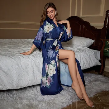 Femme Peignoir Flower Print Loungewear Moterys Rayon Chalatas Kimono chalatas Naktiniai drabužiai Seksualus intymus apatinis trikotažas Šilkas Oversize miego drabužiai