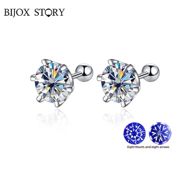 BIJOX STORY 0.5-2ct Moissanite Screw Stud auskarai D spalva 925 svarų sterlingų sidabro deimantiniai auskarai moterims Vestuvių puikūs papuošalai
