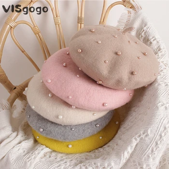 VISgogo Fashion Kids Girls Berets Hats Lovely Pearl Beanies Hats Spring Autumn Winter Toddler Girls Princess Hats Accessories