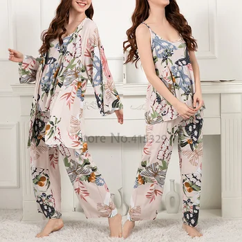 Trijų dalių rinkinys Pižamos spausdinti Gėlių naktiniai drabužiai Moteriškos medvilninės pižamos kostiumas Laisvos kelnės Komplektas Cami&kelnės&chalatas Laisvi miego drabužiai
