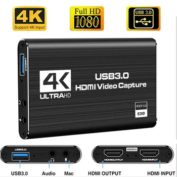 4K USB 3.0 vaizdo įrašymo plokštė Su HDMI suderinama 1080P 60fps HD vaizdo įrašymo įrenginys Griebtuvas žaidimų kortelės tiesioginiam srautui fiksuoti
