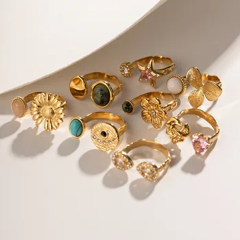 Vintažinė aukso spalva 304 nerūdijančio plieno atviras žiedas žvaigždė apvali gėlė natūralaus akmens žiedai moterims jubiliejiniai vestuvių papuošalai,1vnt