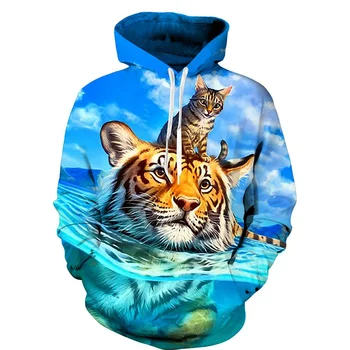 Novelty 3D Print Tiger Gobtuvai vyrams Unisex Cool Animal Graphic Džemperiai Mada ilgomis rankovėmis Gatvės apranga Rudeninis paltas su gobtuvu