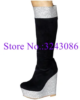 New Bling Silver Platform Knee High Boots Lady Fashion Design Wedge Long Boots Woman Sexy Party Boots Dropship