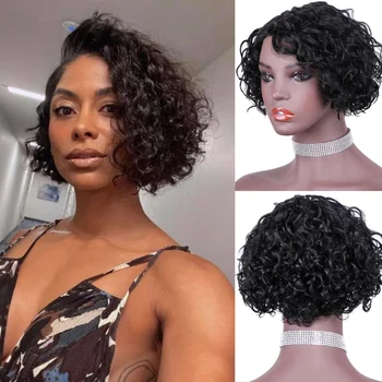 Pixie Cut Afro Short Black Curly Human Nėrinių plaukai juodaodėms moterims Brazilijos Remy Žmogaus plaukai Natūralus imbiero nėrinių frontas kasdien