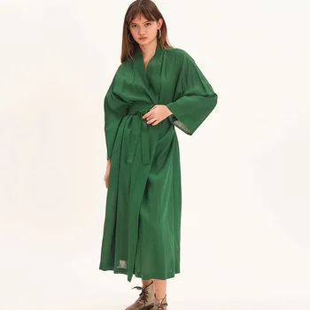 Schinotch Žalias medvilninis šviesus chalatas, skirtas padengti vidutinio blauzdos suknelę Moteriškas chalatas su varčiomis ilgomis rankovėmis chalatas moteriškas albornoces