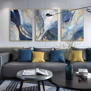 Modern Blue Flowing Gold Abstract River Nordic Light Luxury Wall Art Canvas Painting Plakatai Paveikslėlis Svetainei Namų dekoras