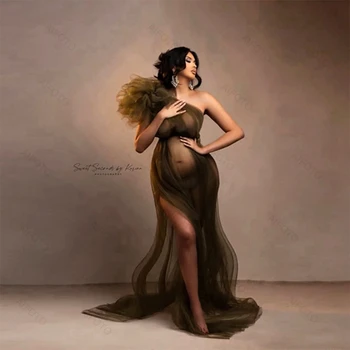 Vieno peties motinystės suknelės Fotosesija Tiulis Seksualios nėščios moterys Photography Suknelė High Split Long See Thru Mesh Ruffles suknelė
