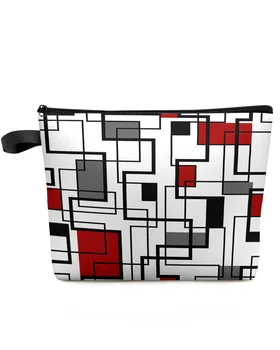 Abstrakčios geometrijos kvadratai Modernus menas Juodas raudonas makiažo krepšys Maišelis Moterims Būtiniausi kosmetikos krepšiai Organizatorius Saugojimo pieštukų dėklas