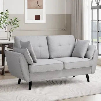 Modernaus audinio dvigulė sofa su minkštomis pagalvėlėmis, 2 žemo atlošo giliomis sėdynėmis, su 4 pagalvėmis, lengvai surenkama, šviesiai pilka