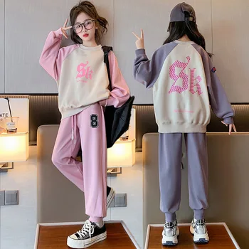 Autumn Girls Casual Sweatshirt Set New Junior Children Fashion Splicing Printed Letter Tops Sweatpants Spring Trend 3-15Y