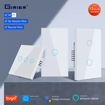 GIRIER išmanusis šviesos jungiklis, Tuya WiFi sieninis jutiklinis jungiklis 1 2 3 Gang veikia su neutraliu laidu arba be jo, palaikykite Alexa Google Home