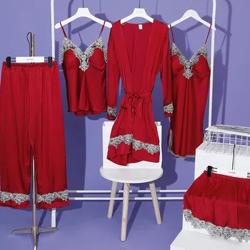Nėrinių 5PCS pižamų komplektas Satin Camisole naktinių marškinių kelnės Šortai Chalato kostiumas Moteriškas Kimono chalatas Chalatas Laisvi naktiniai drabužiai Poilsio drabužiai
