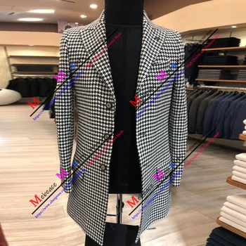 Fashion Houndstooth Vyriški kostiumai Švarkas Laisvalaikio verslo vakarėlis Ilgas paltas Jaunikis Vestuvinis švarkas Pagal užsakymą pagamintas vyriškas paltas Vyriški drabužiai