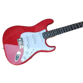 Raudona ST elektrinė gitara, raudonmedžio pirštų lenta, balta apsauga, aukštos kokybės, greitas pristatymas