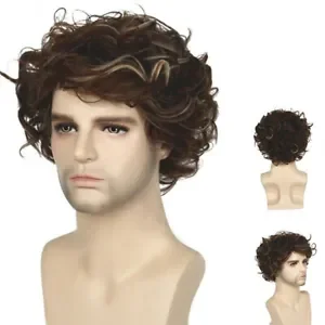 Mens Brown Blonde Wig Short Wavy Wigs Natural Synthetic Curly Hair Full Wig