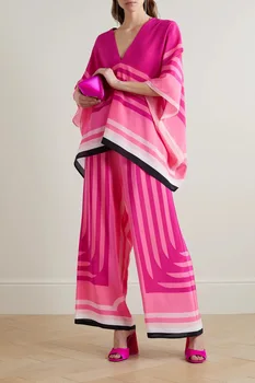 Moteriški namų kostiumai Dviejų dalių rinkinys Gėlių spausdinimas ilgomis rankovėmis Viršūnės Plačios kojos ilgos kelnės Miego drabužiai Vasaros rudens mados paplūdimio kostiumai
