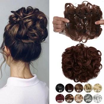 Snoilite Synthetic Messy Hair Chignon Bun with Comb Brown Blonde Curly Chignon Clip In Hair Extension Updo Donut Hairpieces