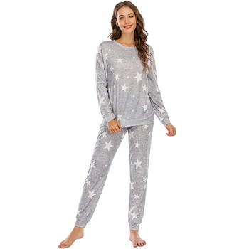 Womens 2 Pieces Star Print Pullover Louge pižamų komplektas ilgomis rankovėmis kaklo viršus ir jogger kelnės su kišenėmis miego drabužiai