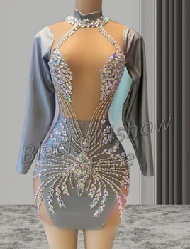 Pilkos kokteilinės suknelės Seksualios Diamante Appliqued Tiulis Vien ilgomis rankovėmis dizainas Iškirptė Mini Prom suknelės