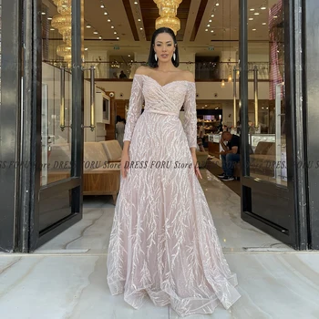 ilgomis rankovėmis blizganti nėriniuota vakarinė suknelė moteriai 2023 m. Prabangi nuo pečių grindų ilgio oficiali Saudo Arabijos vestuvių vakarėlio suknelė Gala