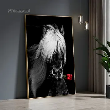Black Horse Rose Art Canvas Painting Prints Poster Romantic Animals Wall Art Painting Picture for Modern Home Living Room Decor