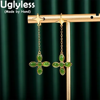 Uglyless Natural Green Jade Jasper Dobilo auskarai Moterys Auksinės žvaigždės Brincos 925 Sidabriniai auskarai Hotan brangakmeniai Gėlių papuošalai