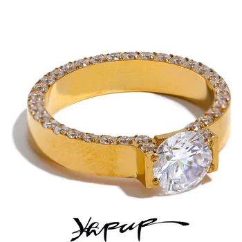 Yhpup Luxury Bling AAA Cubic Zirconia Nerūdijančio plieno mados vestuvinis žiedas Moterys Aukštos kokybės išskirtinė jubiliejinė papuošalų dovana