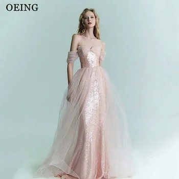 OEING Pink Prom suknelė nuo pečių blizgučiai Užtrauktukas Mielaširdingos jubiliejinės vakarėlio suknelės Oficialūs chalatai Vestidos De Fiesta Gala