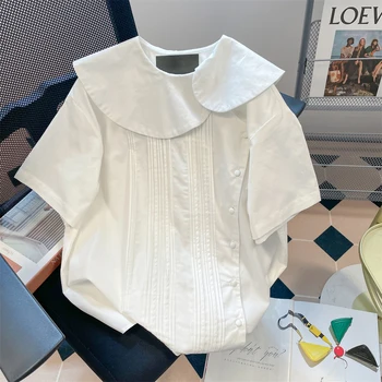 Vintažiniai margaspalviai balti moteriški marškiniai Vasaros naujas dizainas 2023 Asimetriški laisvi elegantiški moteriški drabužiai Viršūnės