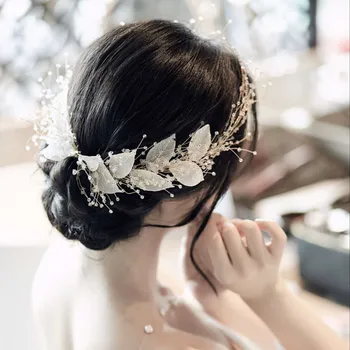 HIMSTORY Rankų darbo išskirtinis korėjiečių nuotakos galvos apdangalas Auksinių lapų krištolo vestuvinė suknelė Plaukų juosta Plaukų aksesuarai
