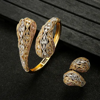 Karštas išpardavimas Dubajuje Fashion Gold Plated Delicate Zircon Bracelet Ring Geometrinis banketų vakarėlių rinkinys