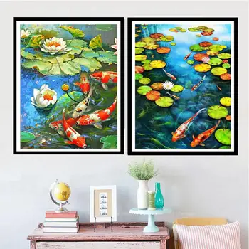 Pasidaryk pats 5d deimantų tapybos rinkinys Koi Fish Lotus Lake Picture rankų darbo mozaikos meno paveikslėlių namų dekoras 30x40cm