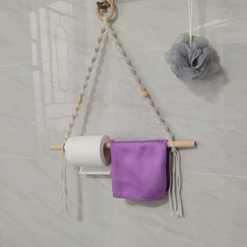 MIMIABU medinė rankšluosčių kabykla Macrame kabanti virvė Tualetinio popieriaus laikiklis Vintažinis virtuvės vonios kambario dekoravimo reikmenys Audinių lentyna