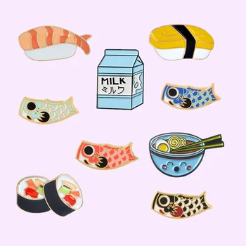 Didmeninė japoniško maisto sagės kolekcija Suši pienas Ramenas Žuvis Koi vėliavos krepšys Drabužiai Sagė Emalio smeigtukas Papuošalas Dovana kepti