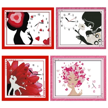 Džiaugsmas Sekmadienio laikrodžio kryželiu susiūti rinkiniai Antspauduota Rožinė moteris Atspausdinta 11CT 14CT Suskaičiuota dekoracija Rankų darbo siuvinėjimo rankdarbių siūlai
