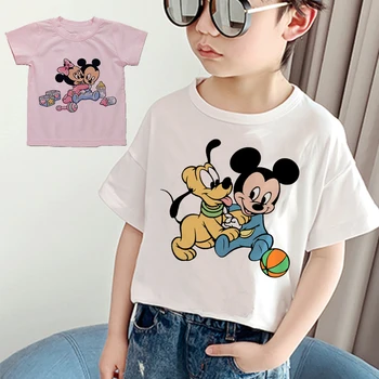 2022 New Girls Boys Summer Cute Cartoon T-Shirt Disney Mickey Mouse Minnie Anime Clothes Kawaii White Pink Crew Neck Top 