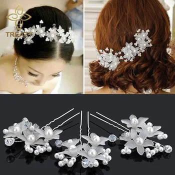 TREAZY 4Pcs/Lot Fashion Imituoti perlų krištolo plaukų segtukai vestuvėms Baltos gėlės Plaukų smeigtukai Nuotakos plaukų papuošalai Aksesuarai