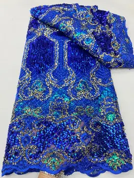 Afrikos nėrinių audinys 2024 Aukštos kokybės prancūziški grynieji blizgučiai siuvinėti Nigerijos tiulio audinys 5 jardai drabužių suknelių siuvimui