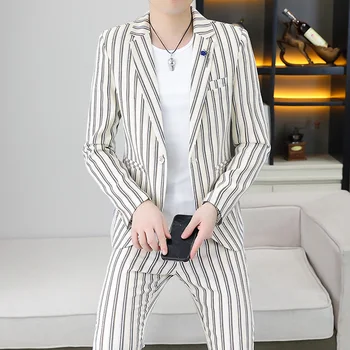 Nauja (Blazer+ kelnės) Vyrų mados verslas Džentelmenas Casual Slim juostelės Gražus elegantiškas Trend Korėjietiška versija Slim 2 dalių rinkinys
