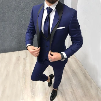 Royal Blue Formal Vyriški kostiumai Slim Fit 3 dalių vestuvinis smokingas jaunikiui Prom Vyriškas madingas kostiuminis švarkas su kelnėmis Nauja liemenė