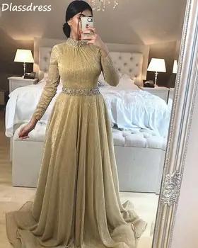 Auksinė vakarinė suknelė ilgomis rankovėmis Musulmoniška aukšto kaklo karoliukai A-line Grindų ilgis Elegantiška Tulle Prom suknelė платья знаменитостей