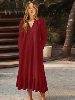 elegantiškos ir gražios moteriškos suknelės 2023 Nauja rudens žiema Amerikietiškas vintažinis virš dydžio chalatas LOOSE V-Neck Casual One Piece suknelė