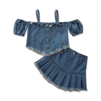 2Piece Summer Toddler Drabužiai Baby Girl Boutique Apranga Korėjos mados džinsiniai vaikiški marškinėliai+Sijonas Vaikiškų drabužių komplektas BC2221