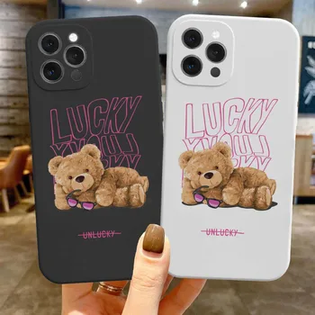 Luckcy Slogan Bear Doll Phone Case For iPhone 11 Case For iPhone 13 12 14 Pro Max XR XS Max X 7 8 Plus 12 13 Mini spalvingas viršelis