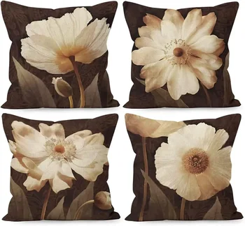 Vintage Brown Floral Linen Pillow Pillow Pillow Author Gėlių tema Dovanų mergaičių kambarys Namų lova Sofos dekoravimas 45x45 pagalvės užvalkalas